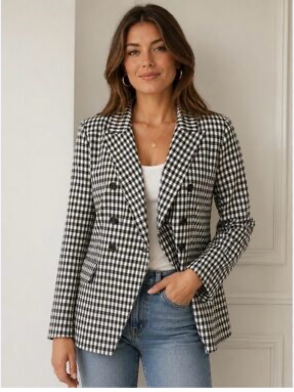 Maison d’ ameile Black & White Gingham Double-Breasted Blazer